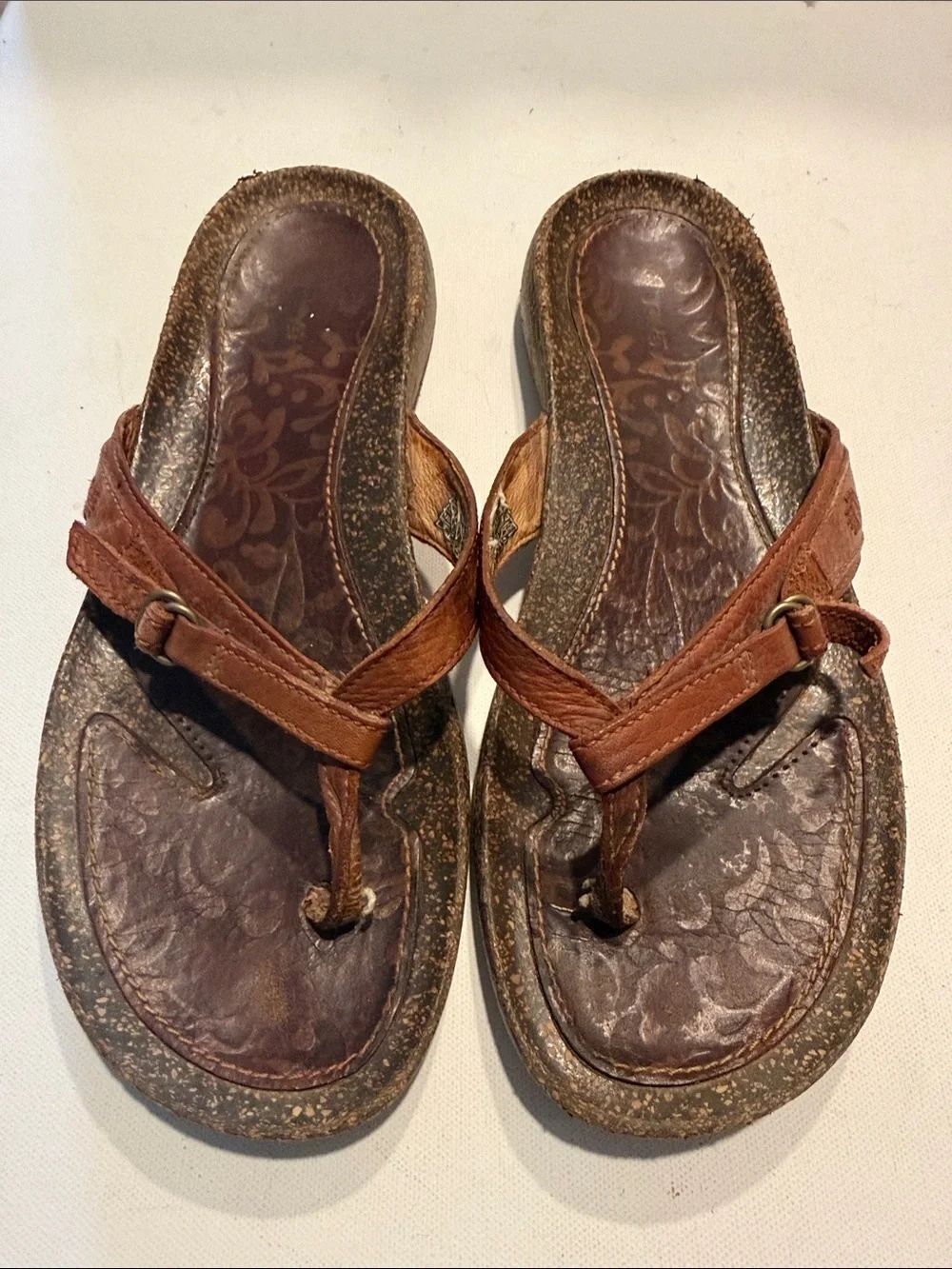 Teva Brown Leather Embossed Floral Thong Sandals